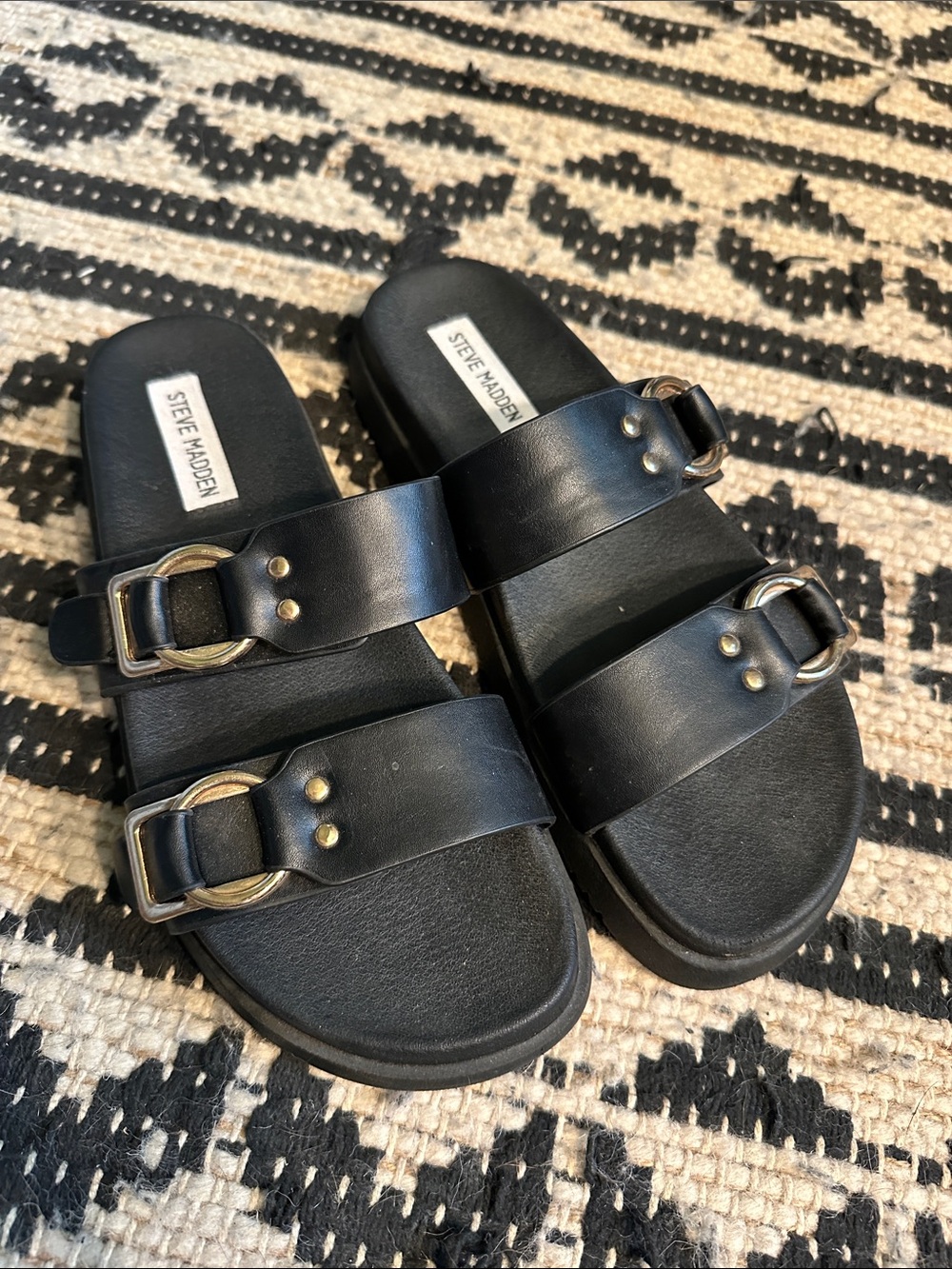 Steve Madden Black Double Buckle Leather Slide Sandals